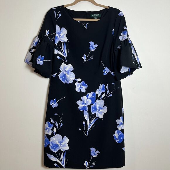 Lauren Ralph Lauren Black Boho Floral Shift Dress Womens 10 Puff Ruffle Sleeve - Picture 2 of 6